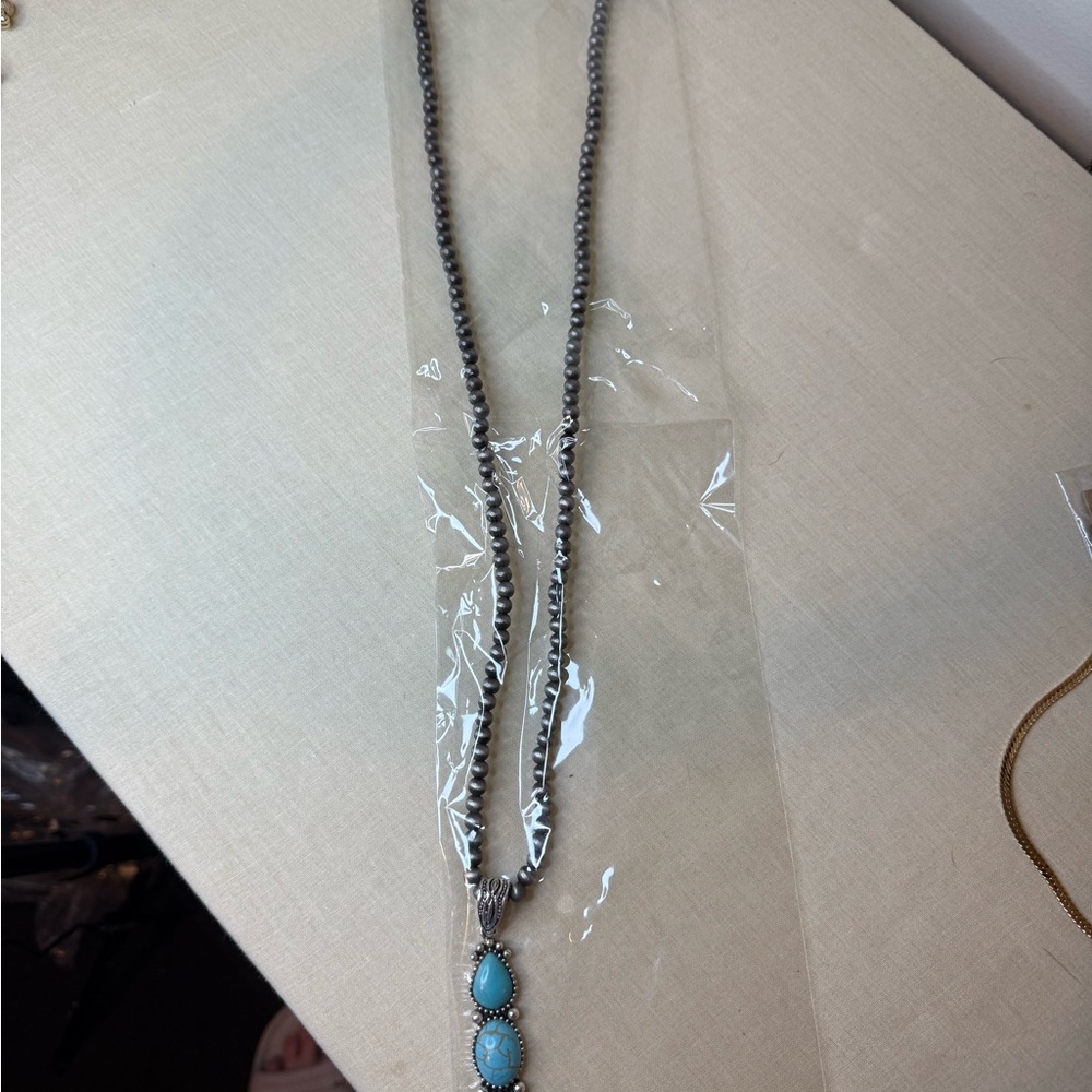 *NWT Bohemian Silver Alloy Necklace with Turquoise Pendant and Matching Earrings